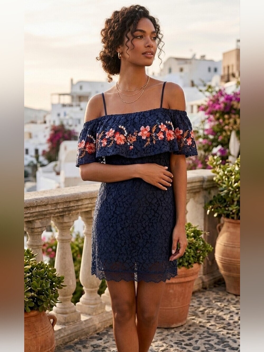Blue Pepper Off Shoulder Embroidered Dress Mini Sz Small Blue